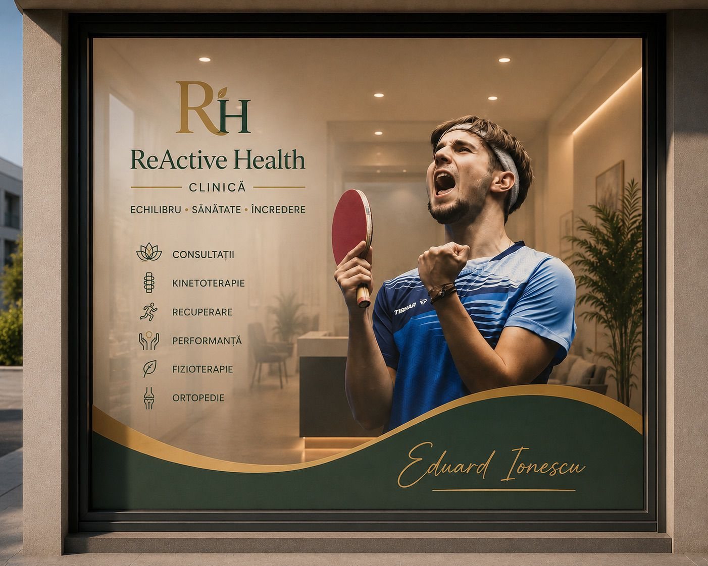 Vitrina clinicii ReActive Health cu Eduard Ionescu, jucător de tenis de masă, și numele său scris de mână în auriu peste valul verde