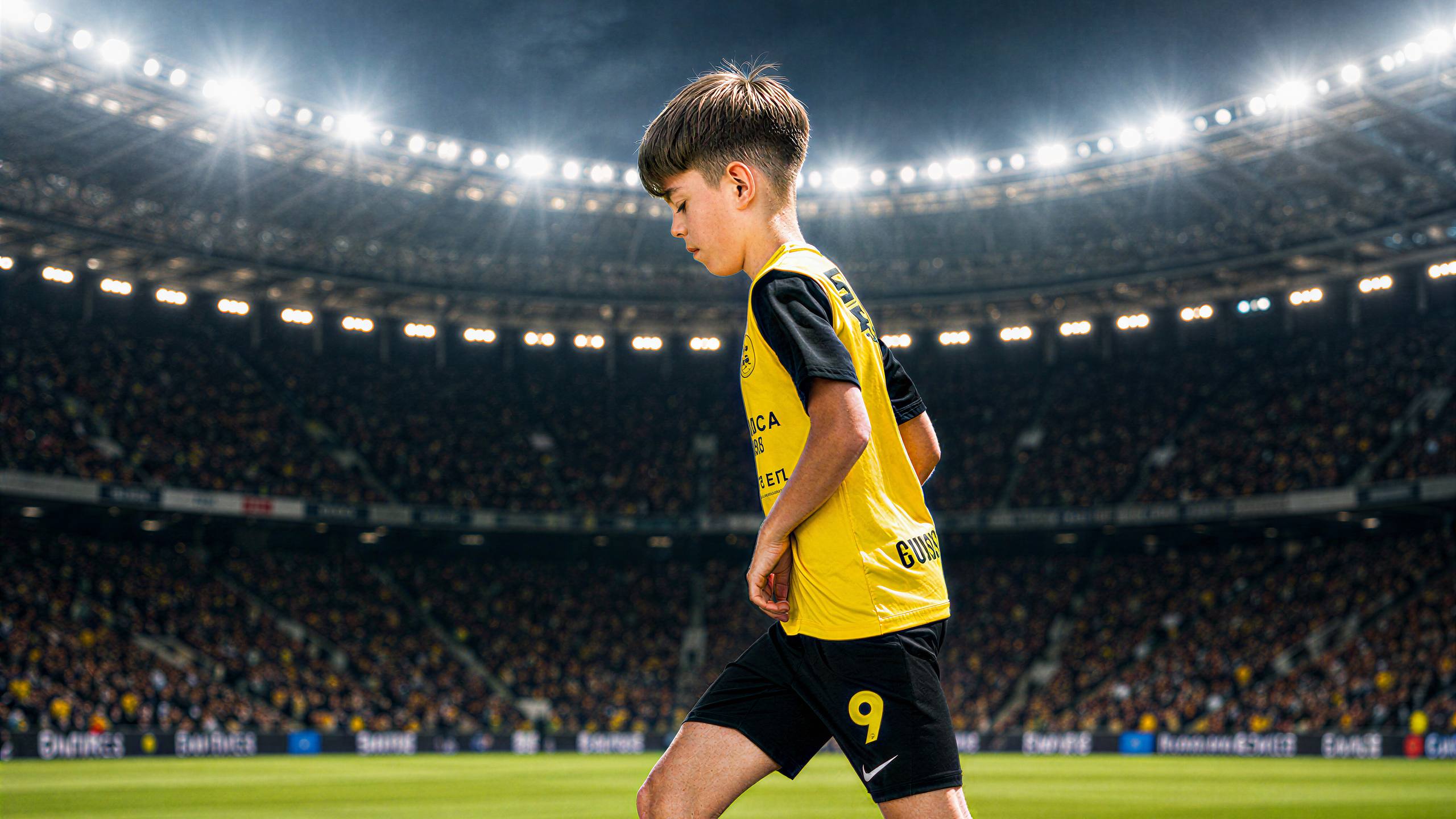 Un fotbalist junior pe gazon, într-un stadion cu nocturna aprinsă