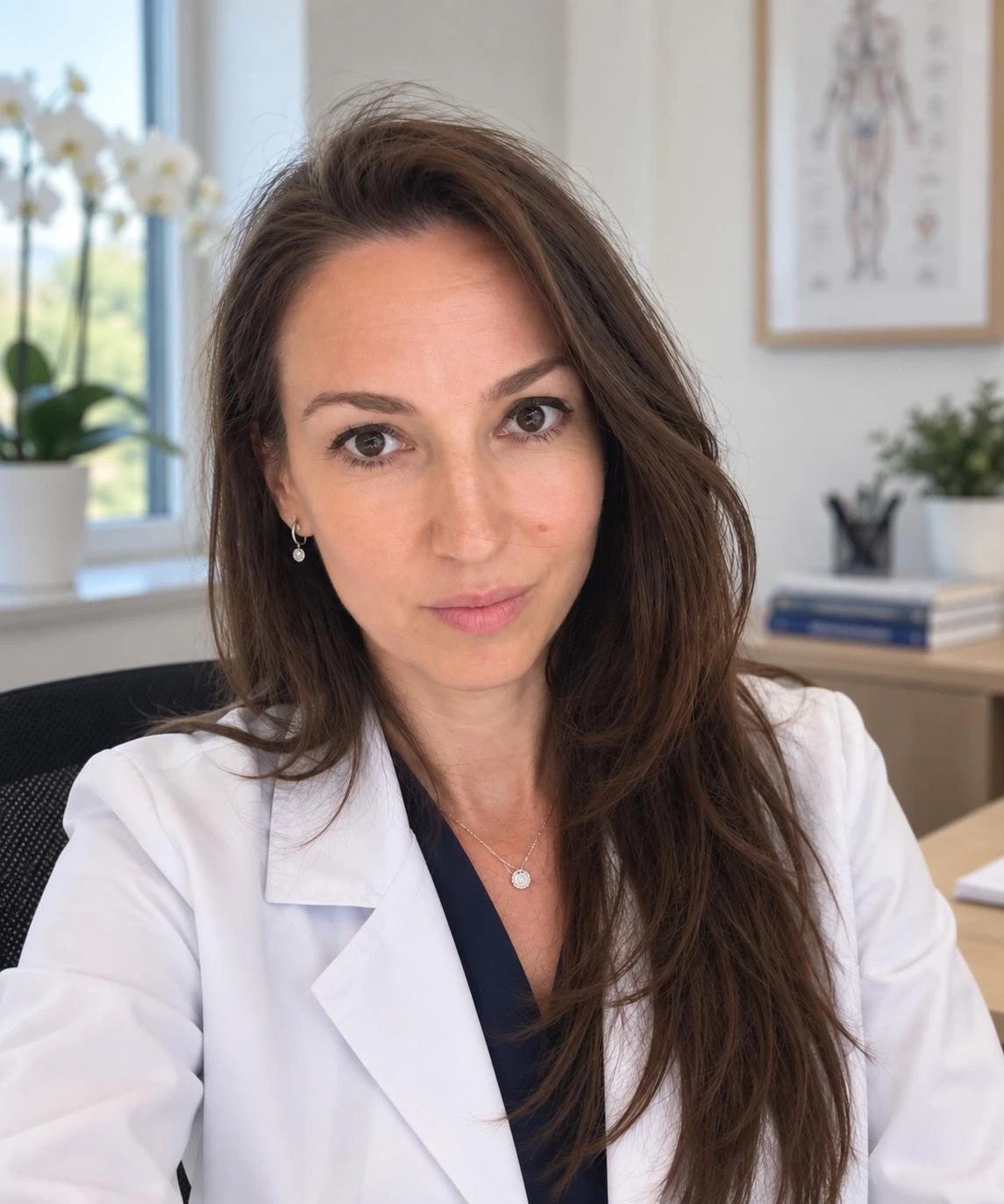 Dr. Cristina Popescu, în halat alb, în cabinetul de consultații